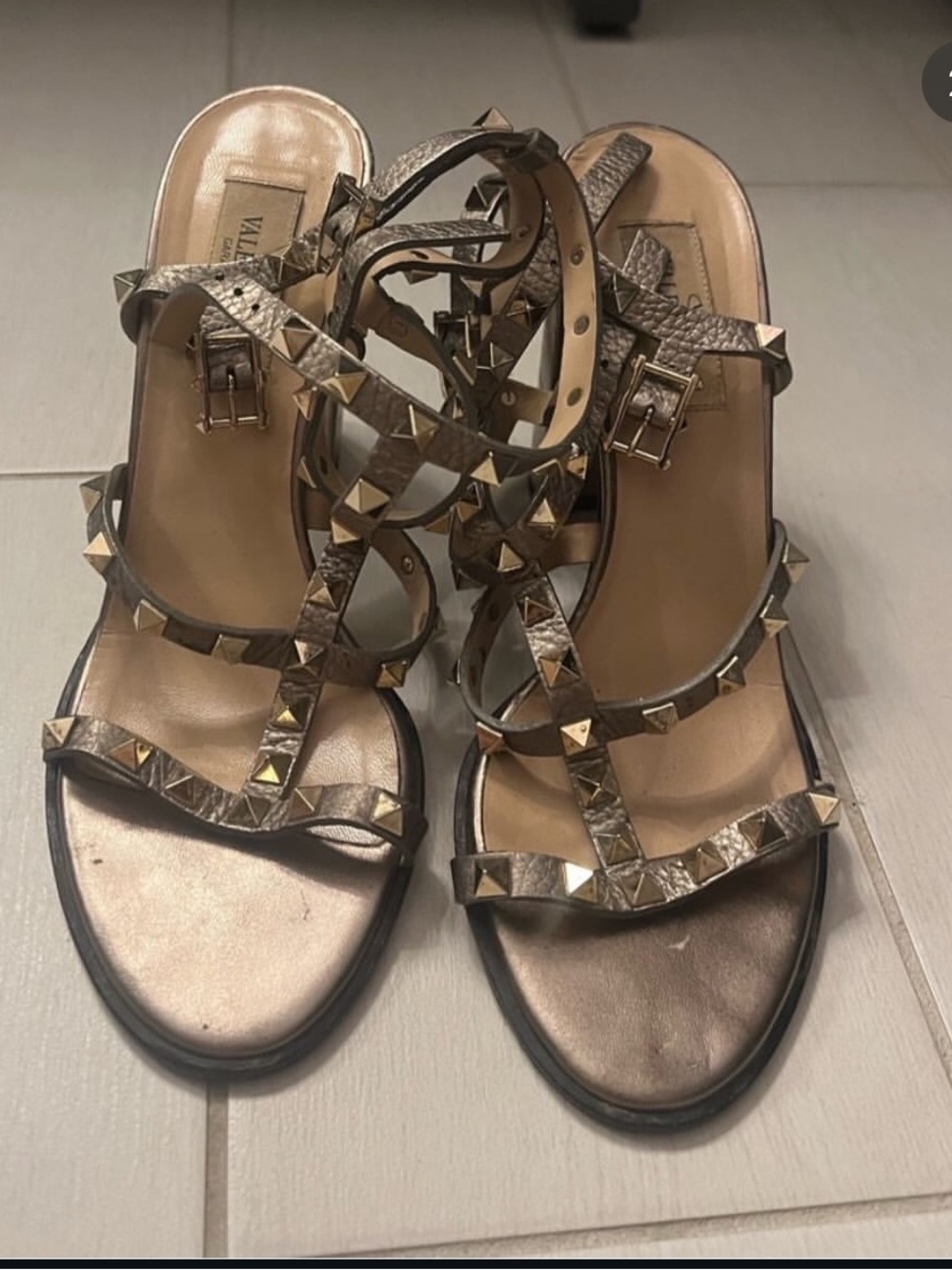 Valentino Garavani Metallic Gold Pyramid-Stud Strappy Heels